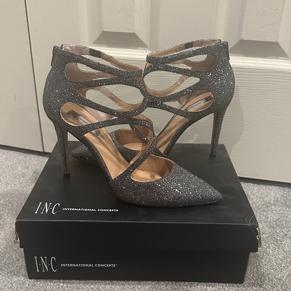 INC International Concepts Glittery Strappy Heels - Pewter Bling